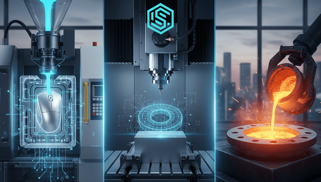 製造知識中心示意圖，包含塑膠射出成型機、CNC 加工中心與金屬澆鑄畫面，代表塑膠成型、金屬成型及 CNC 技術知識平台。